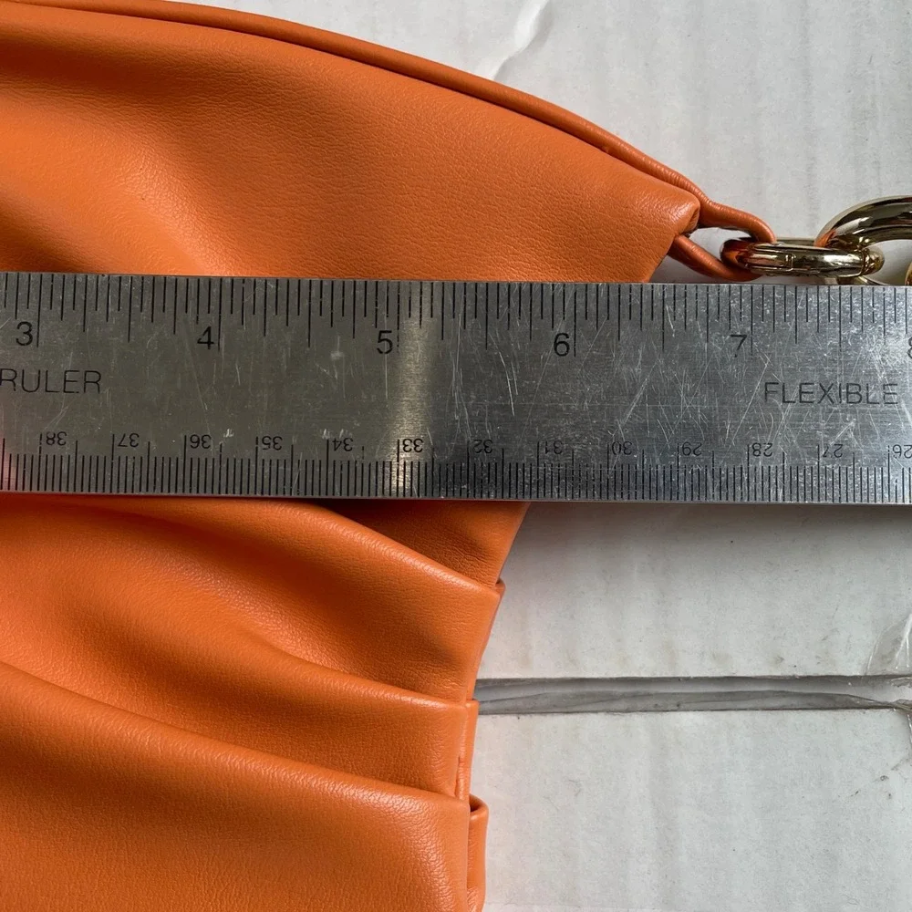 Orange Ruched Vegan Leather Shoulder Bag Chunky Gold Chain‎ Handle Hobo Bag